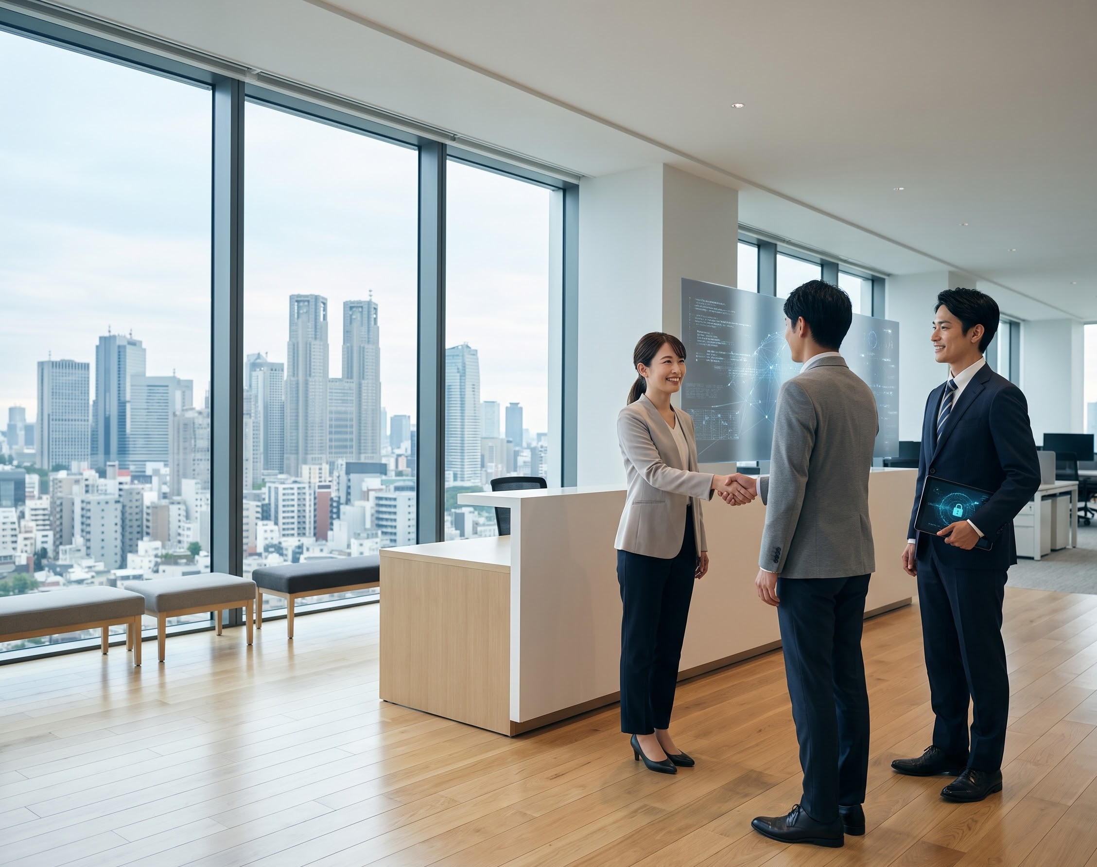 東京オフィスの受付での握手。ガラスの向こうに都心のスカイライン。