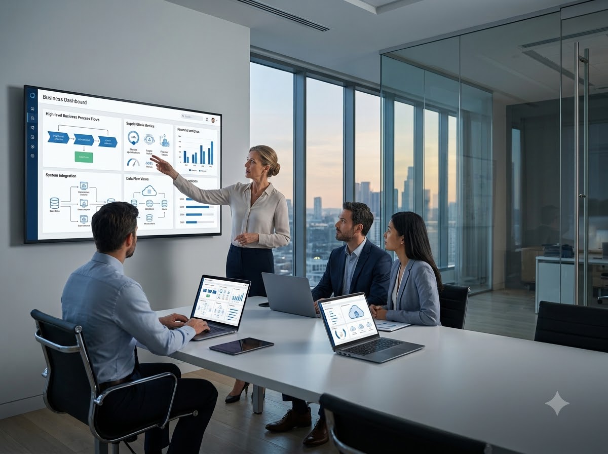 A consultant at a boardroom screen walking three colleagues through system-integration and data-flow diagrams.