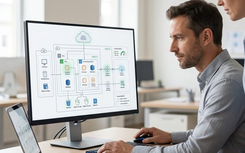 ホワイトボードの図の前でノートPCを持つエンジニア。背後にガラス壁と日差し。