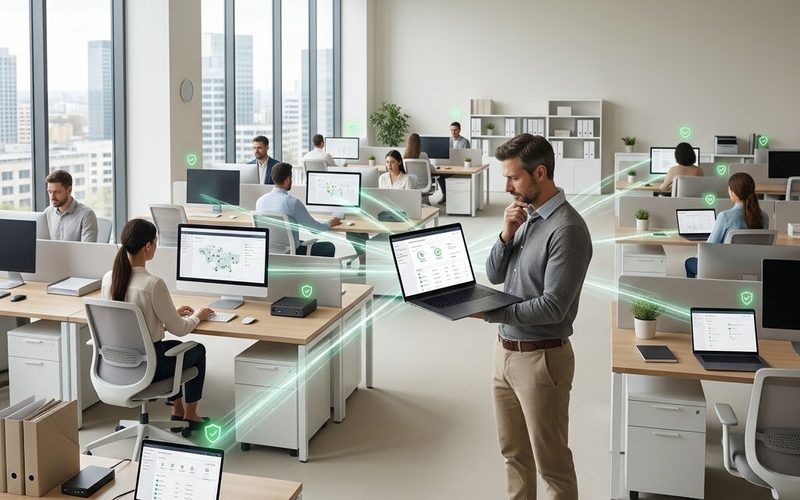 淡い木目のIT作業台に一列に並べられた、同型のノートPC四台。